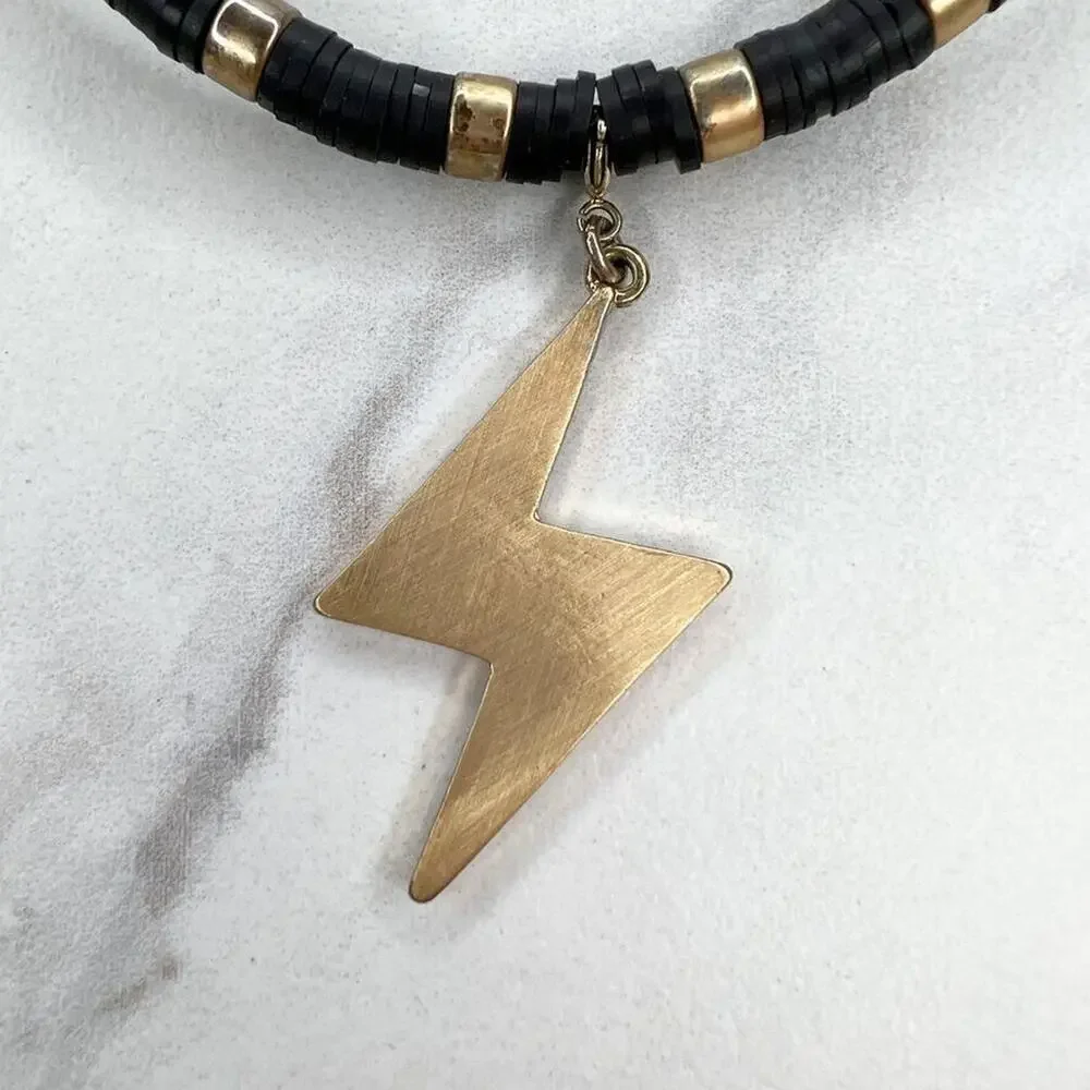 Gold Tone and Black Beaded Bracelet Lightning Charm Keychain Keyring